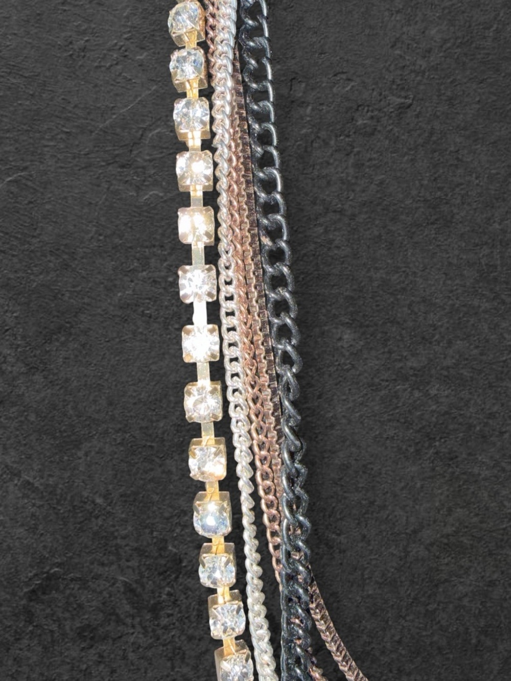 Statement Multi-Strand Chain & Rhinestone Necklace | Mixed Metal 18” - Picture 3 of 6